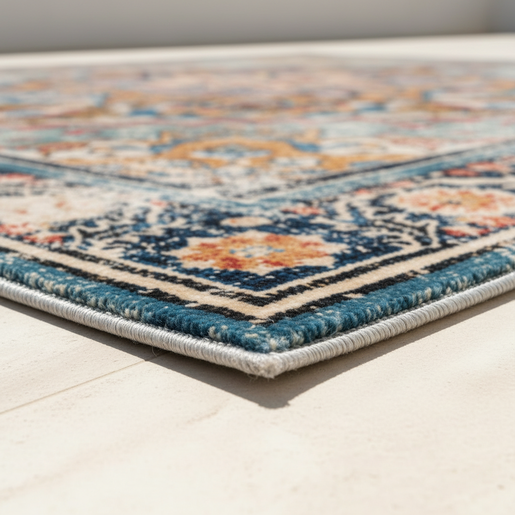 Corner edge view of washable area rug with serged border on light hardwood floor