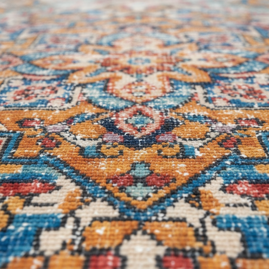 Close-up of boho medallion rug showing distressed polyester weave in blue, gold, and red tones