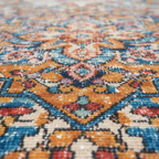 Close-up of boho medallion rug showing distressed polyester weave in blue, gold, and red tones