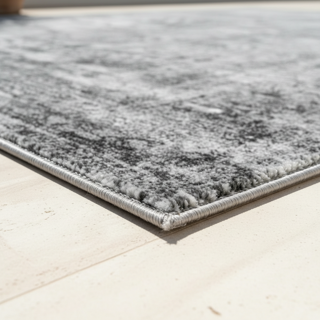 Corner close-up of gray distressed area rug showing low pile texture and non-slip backing edge on hardwood floor