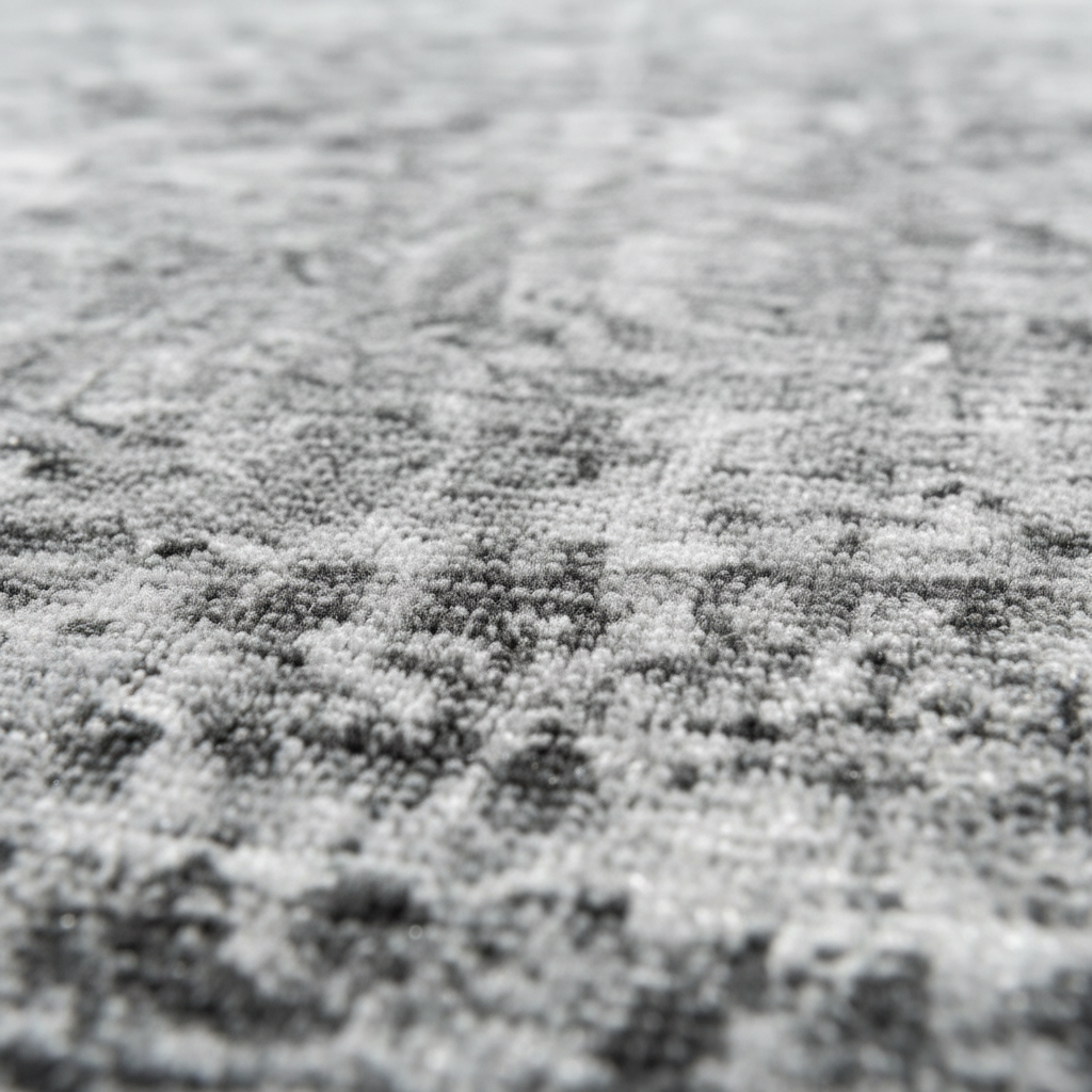 Macro texture shot of gray vintage distressed rug showing charcoal and light gray faded pile surface