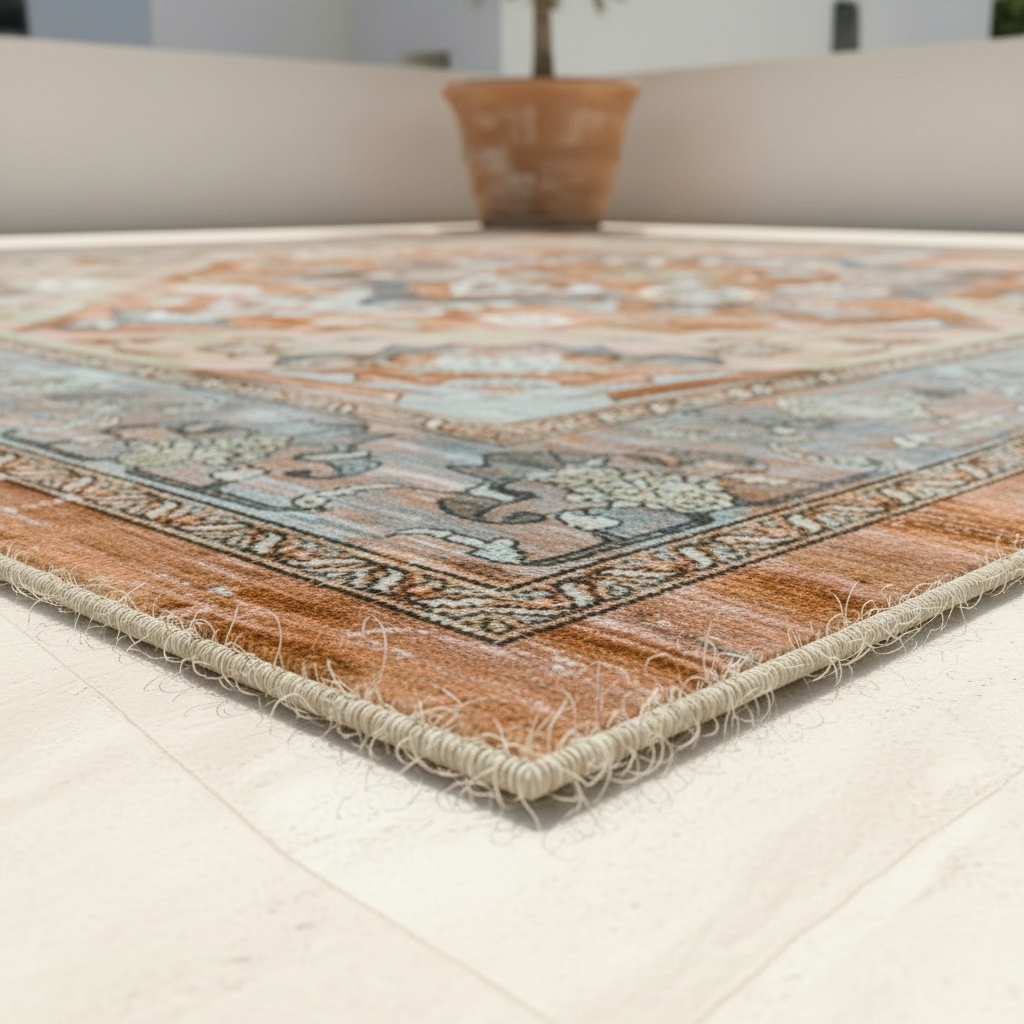 Corner detail of Persian vintage rug showing serged edge binding and non-slip flat-woven construction