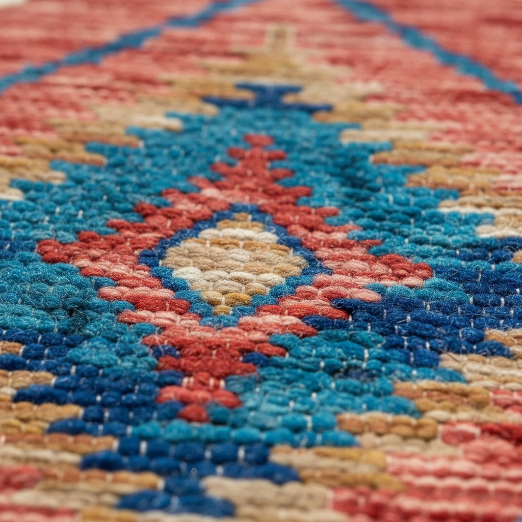 Close-up of woven low-pile texture on southwestern geometric rug in terracotta red, teal, and cream