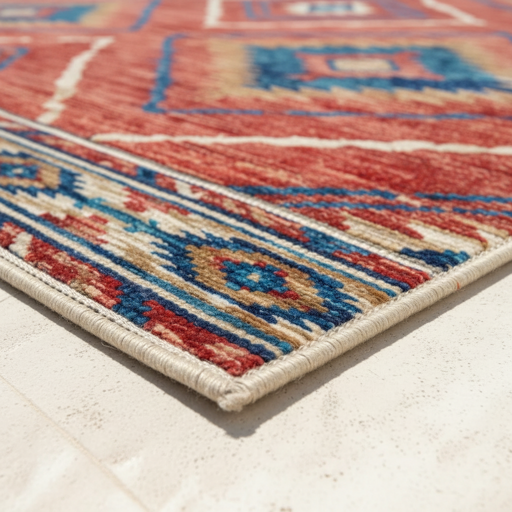 Corner detail of southwestern rug showing serged cream edge and low-pile construction on tile floor