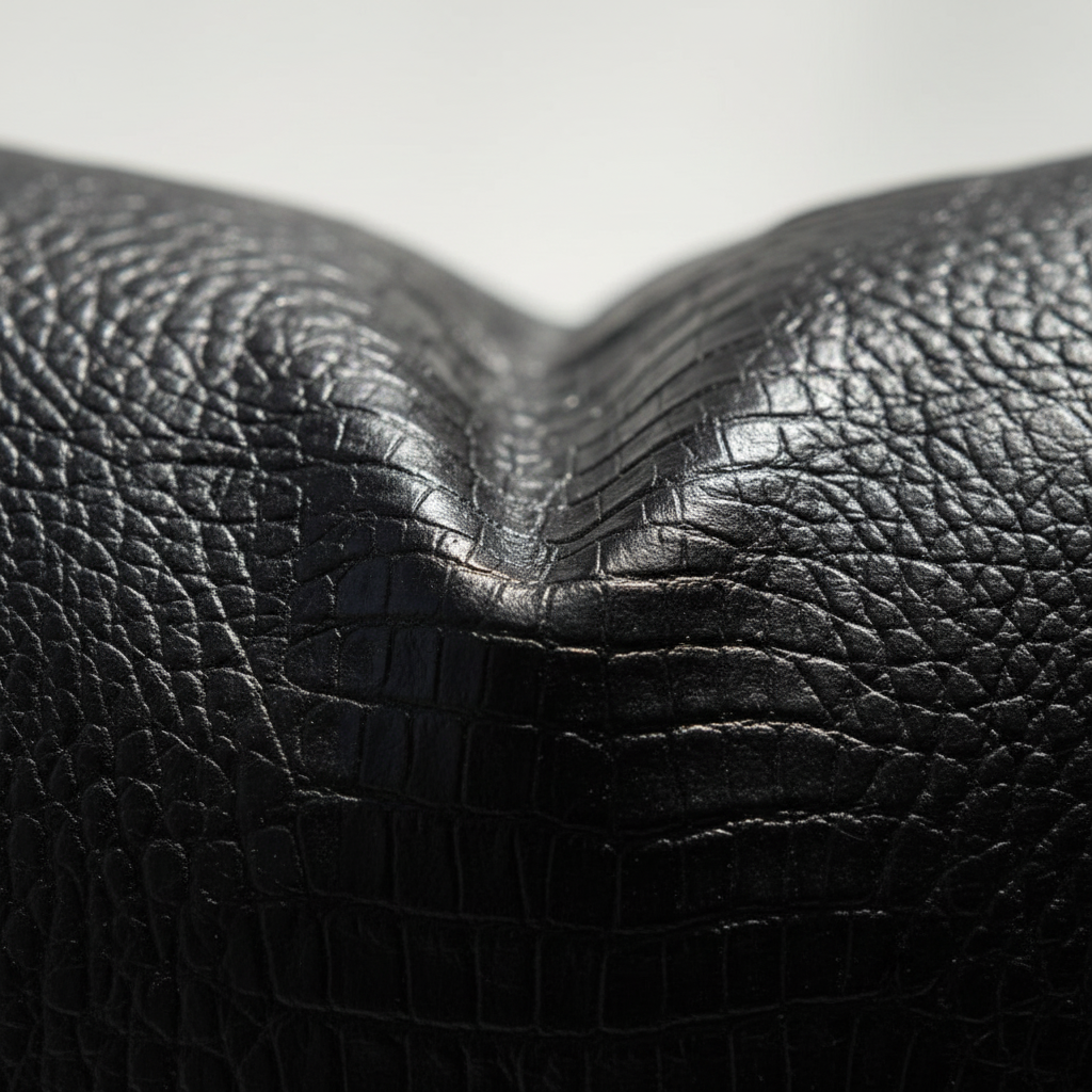Macro texture detail of black crocodile embossed vegan leather pillow cover surface