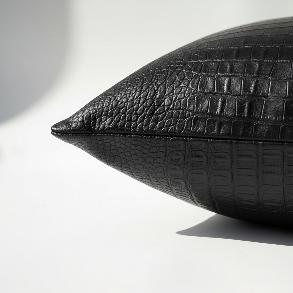Close-up corner detail of black crocodile embossed vegan leather pillow cover showing zipper closure