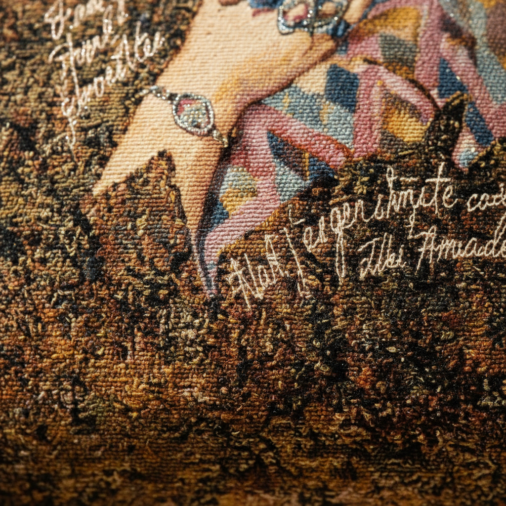 Close-up of woven tapestry portrait panel with calligraphic script detail on Frida Kahlo pillow cover