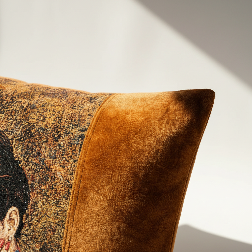 Side profile showing velvet panel and tapestry seam construction detail on art pillow cover