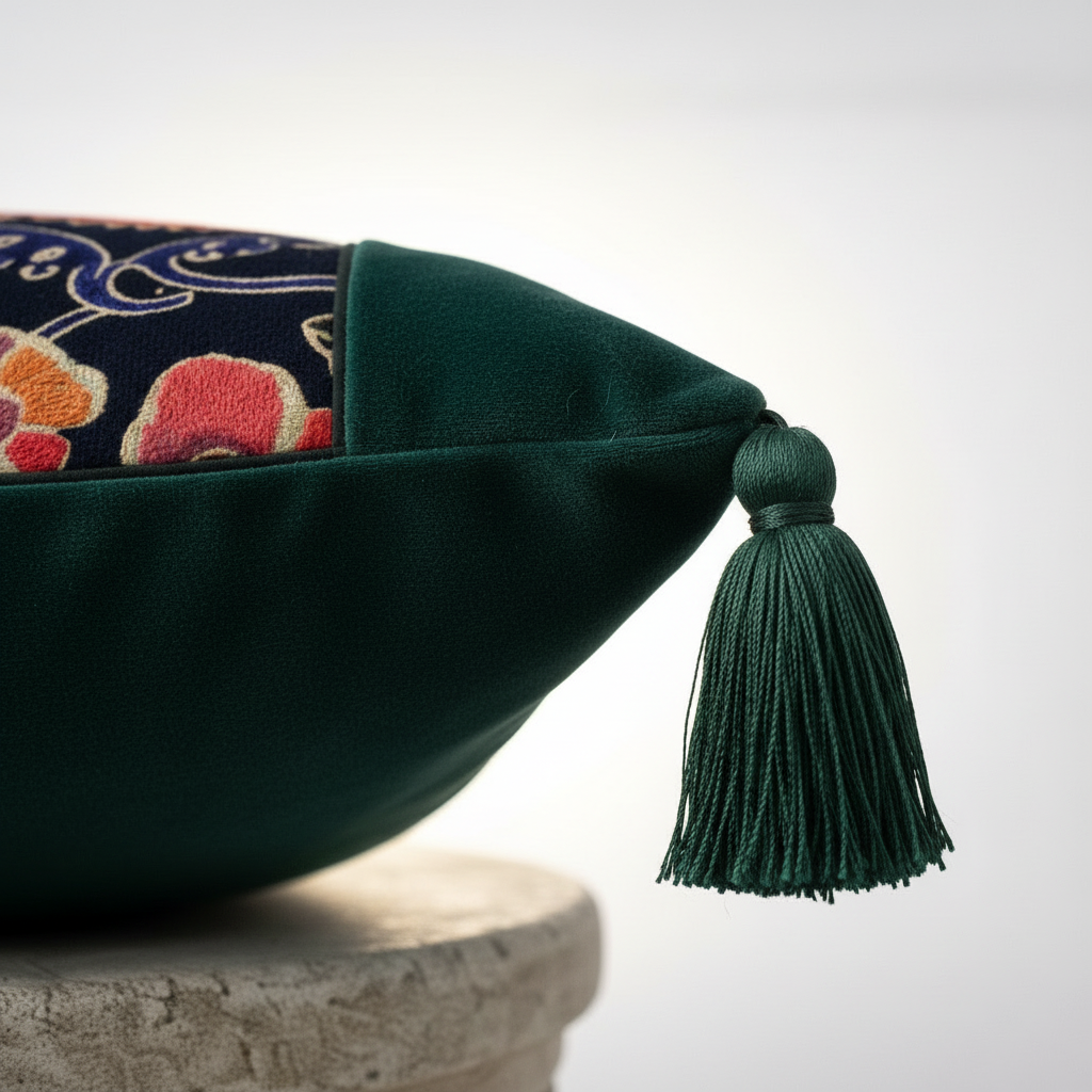 Corner tassel detail on embroidered velvet throw pillow cover in deep forest green