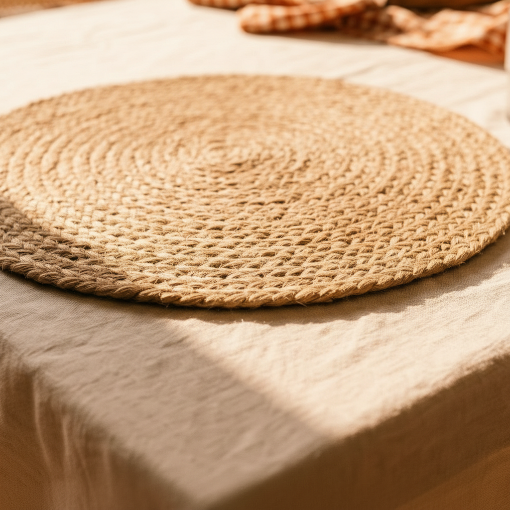 Close-up of 13-inch round natural jute woven placemat showing spiral braided texture