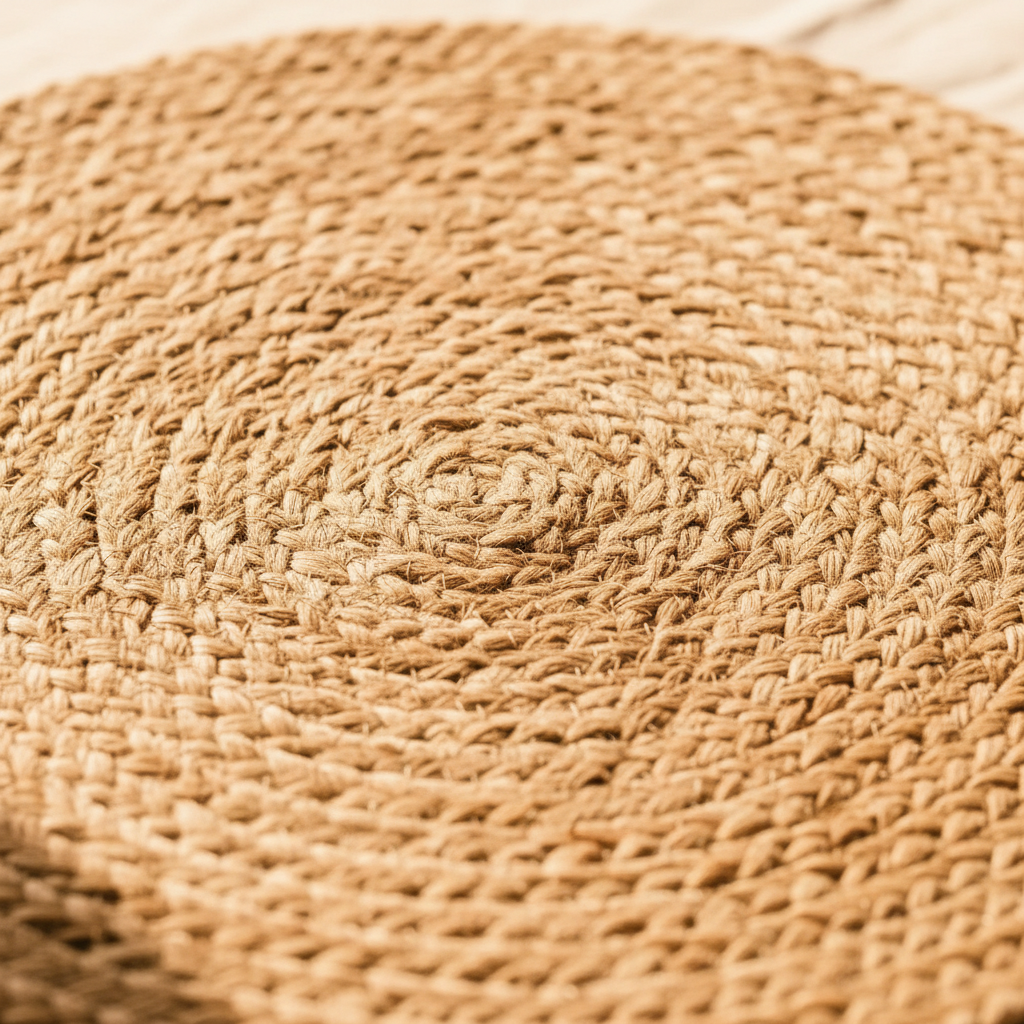 Macro detail of natural jute fiber spiral weave pattern on round placemat