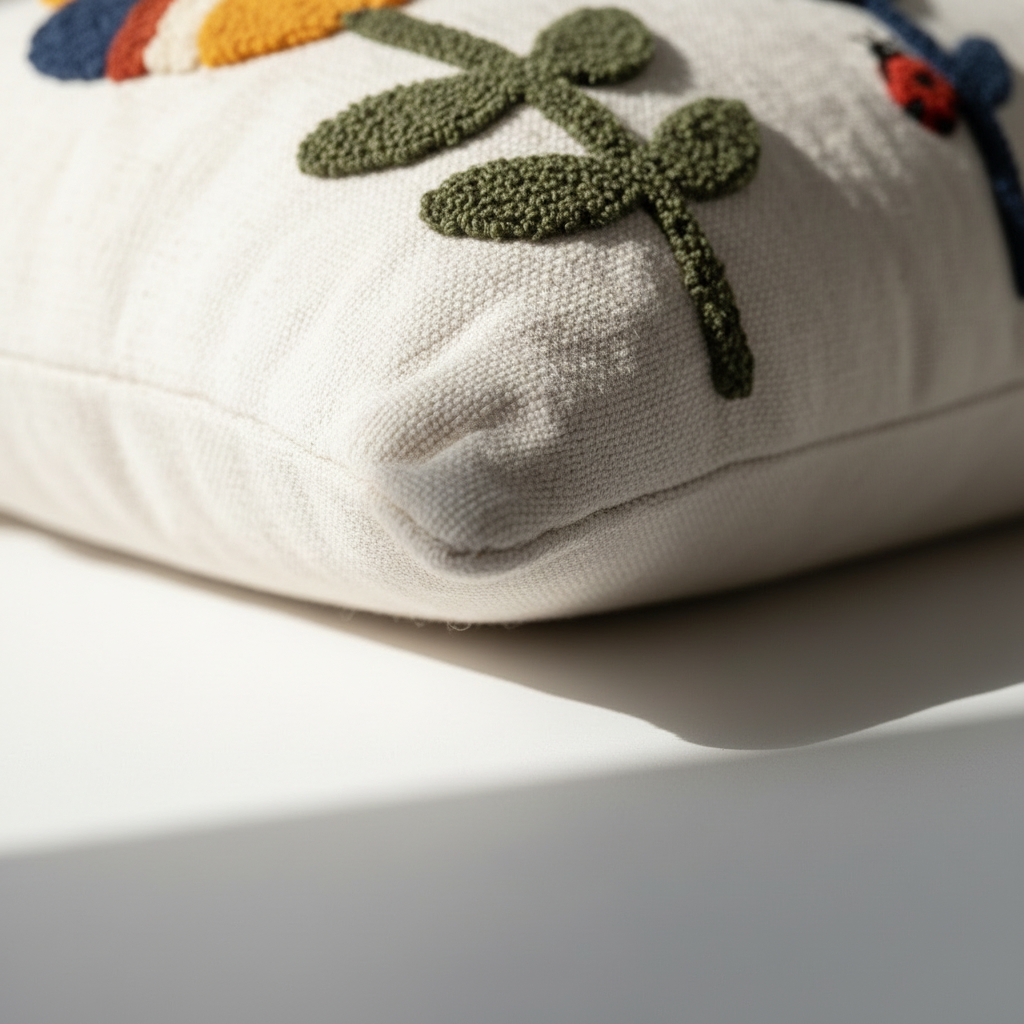 Close-up of punch needle embroidery texture on cotton canvas lumbar pillow cover — raised loop pile floral detail