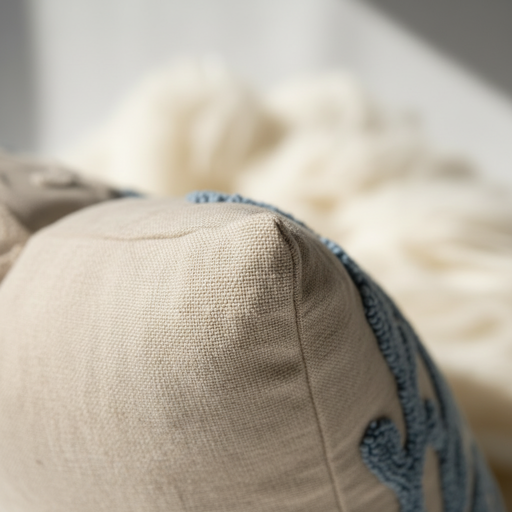 Back panel and corner detail of natural cotton-linen blend punch needle pillow cover showing hidden zipper and tassel finish