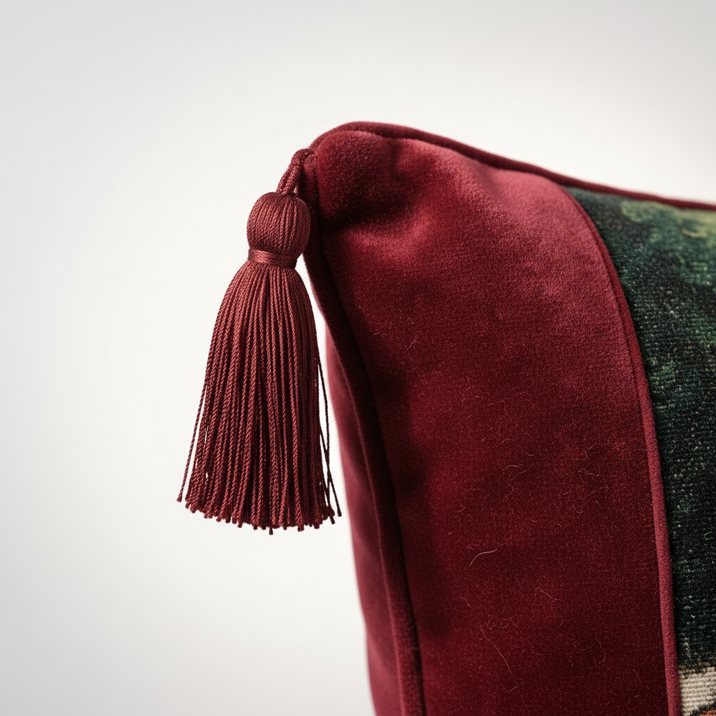 Close-up of burgundy velvet panel and decorative corner tassel detail on Renaissance tapestry pillow cover