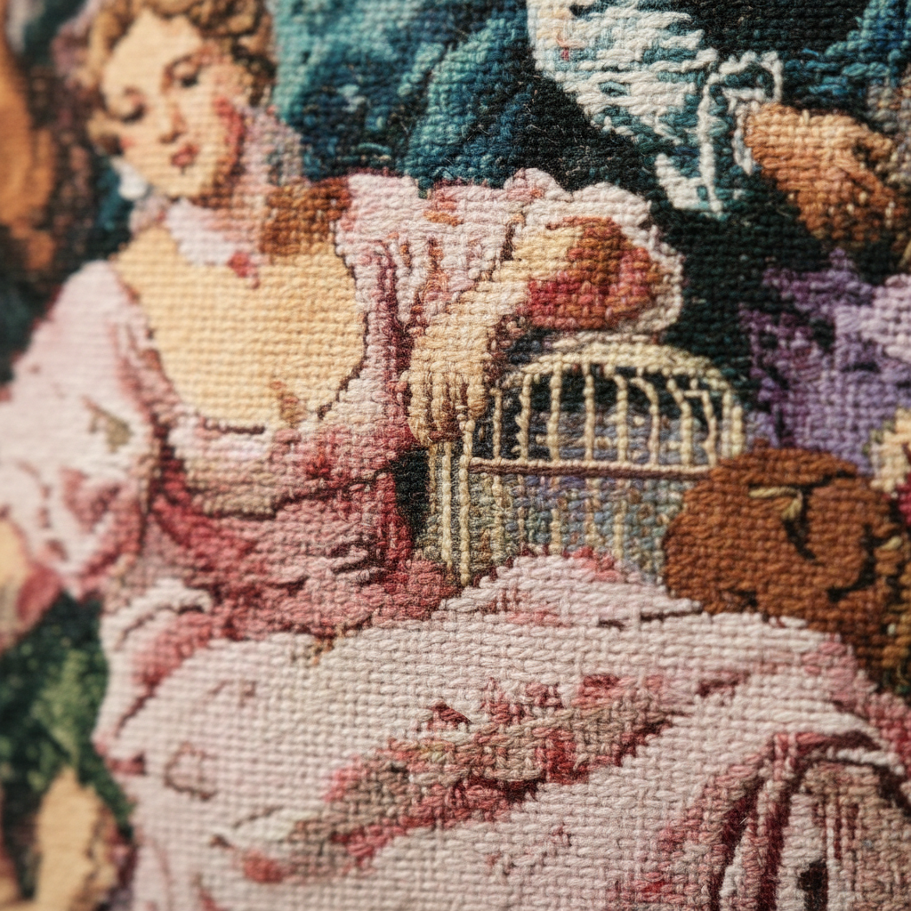 Detailed close-up of woven tapestry figurative scene with courtly figures on Renaissance pillow cover
