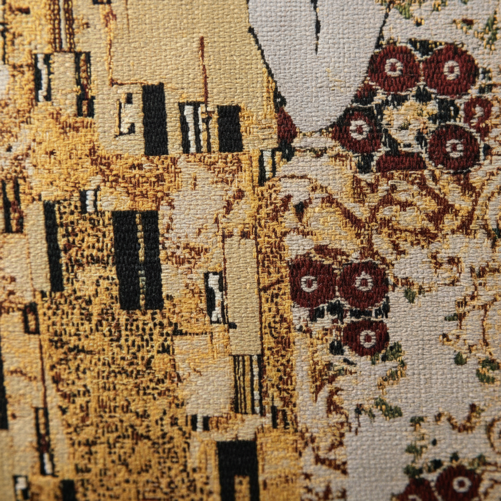 Close-up of woven tapestry art panel on Gustav Klimt The Kiss pillow cover showing gold and burgundy detail