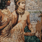 Close-up of woven jacquard tapestry panel showing classical figurative detail in gold and teal tones