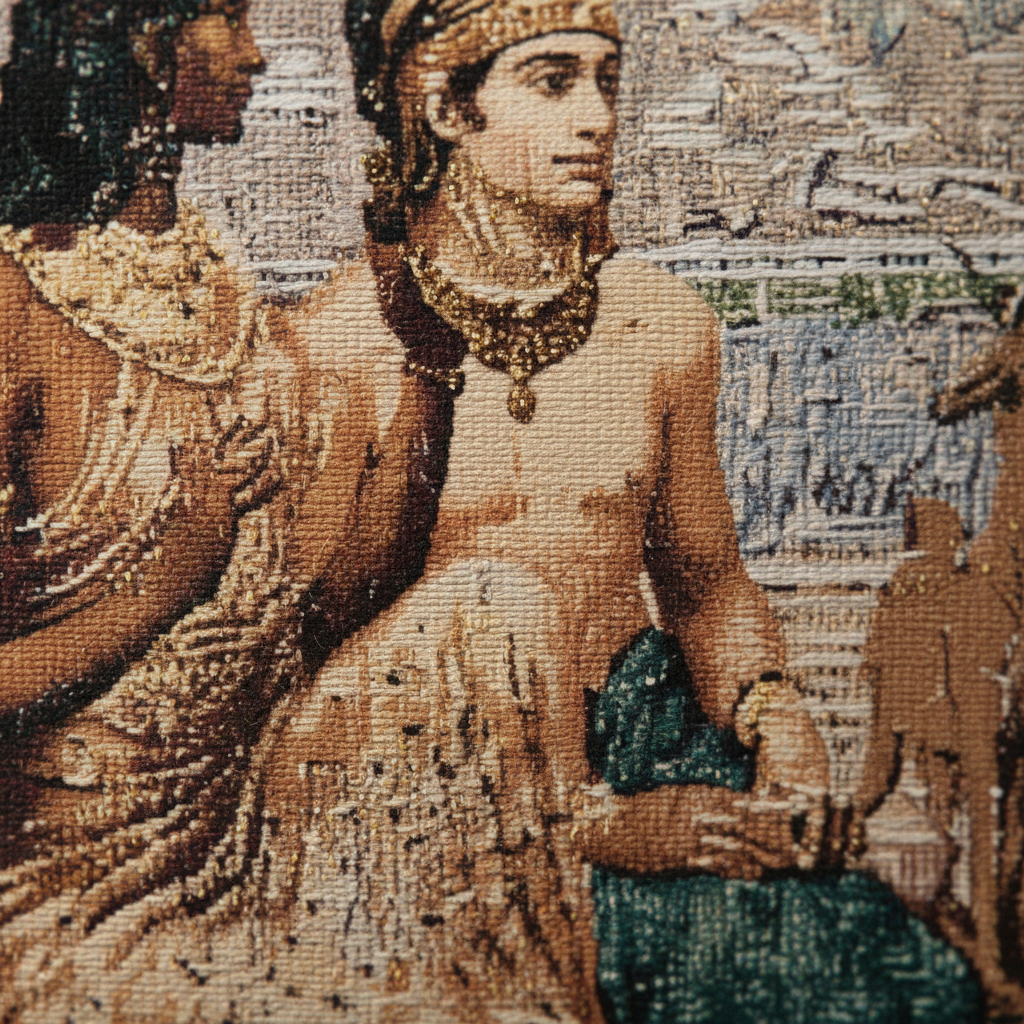 Close-up of woven jacquard tapestry panel showing classical figurative detail in gold and teal tones