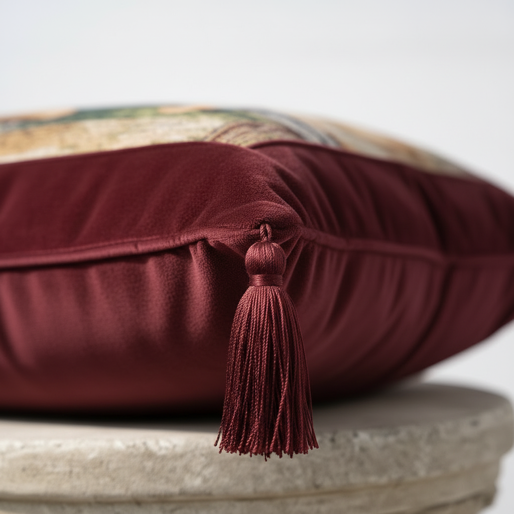 Side view of burgundy velvet pillow cover highlighting matching hand-tied corner tassel detail