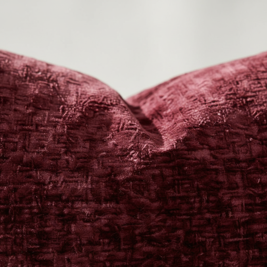 Close-up of burgundy chenille fabric texture showing woven plush surface and subtle sheen