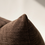 Close-up of brown chenille pillow cover corner showing clean hidden zipper and dense woven texture – Larissa Home Decor