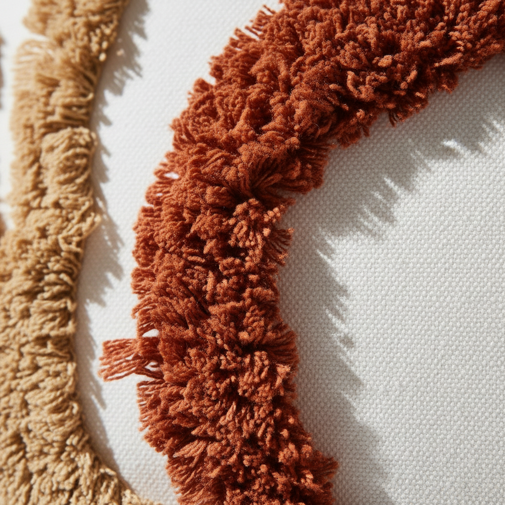 Macro detail of rust and caramel tufted loops on white cotton canvas pillow cover