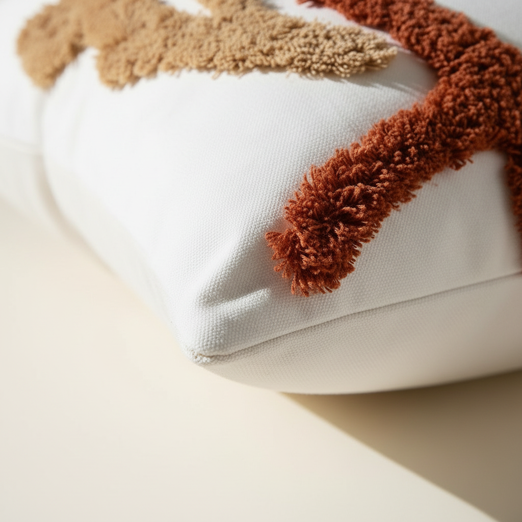 Close-up corner detail of rust tufted pillow cover showing hidden zipper and tufted edge finish