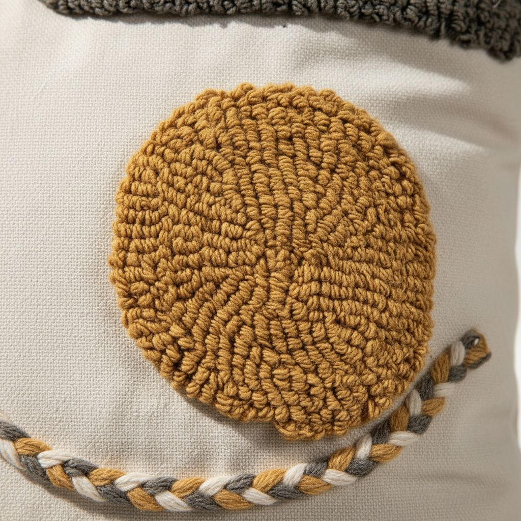 Close-up of punch needle tufted mustard ochre circle motif on cotton canvas pillow cover showing dimensional texture
