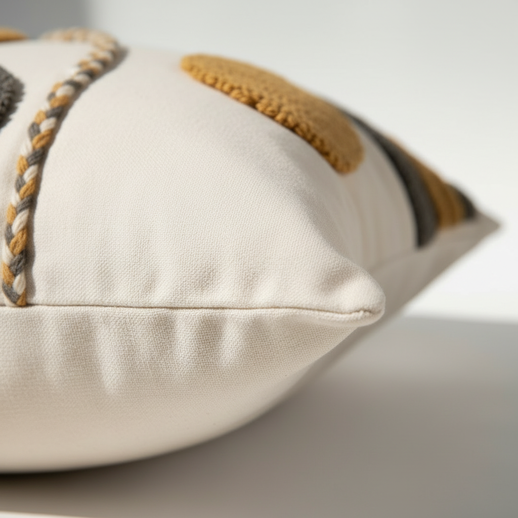 Side view of tufted abstract boho pillow cover showing hidden zipper closure and cotton canvas backing