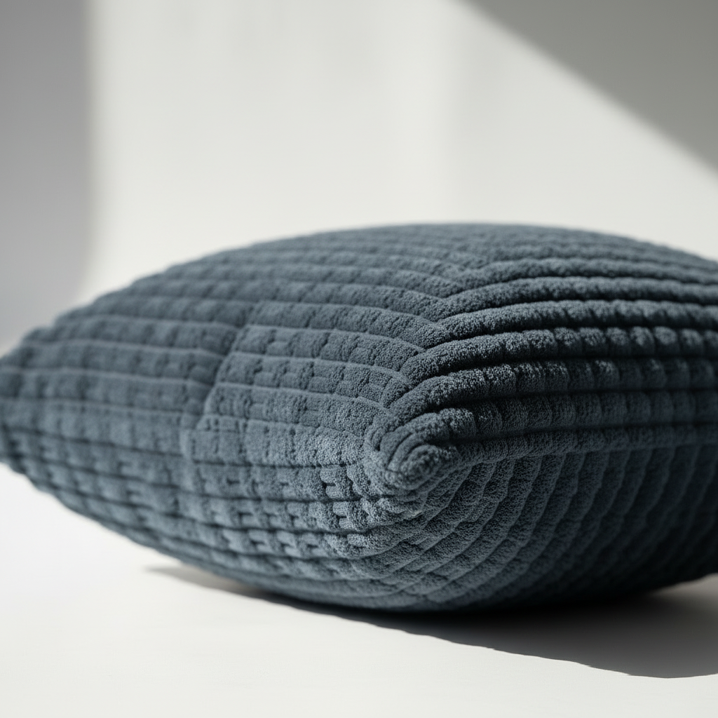 Close-up side view of navy blue corduroy pillow cover showing looped pile texture and hidden zipper closure