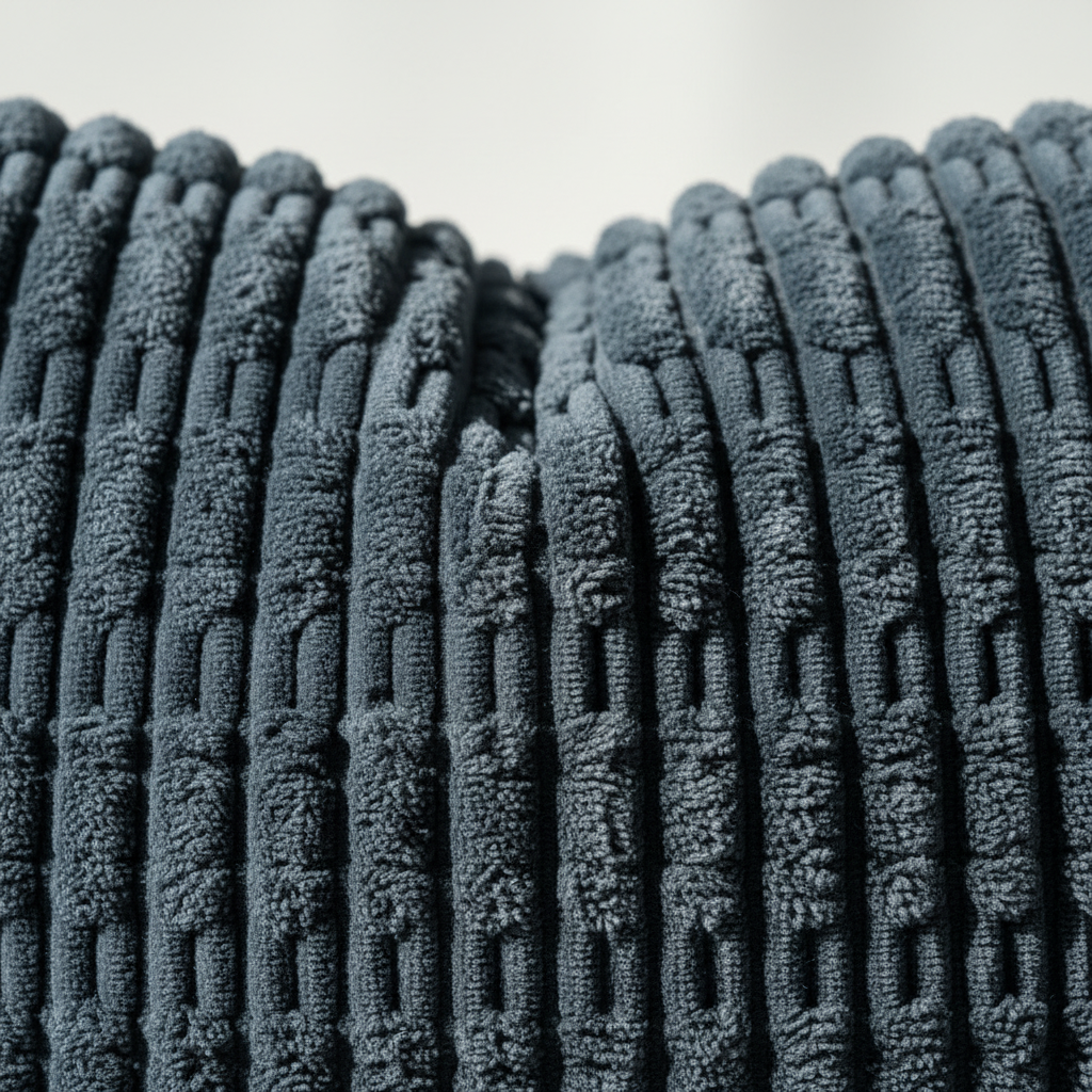 Macro detail of wide wale corduroy fabric in navy blue showing ribbed channel and looped pile surface