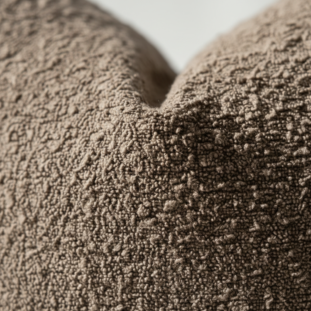 Close-up macro detail of brown boucle looped fabric texture on pillow cover