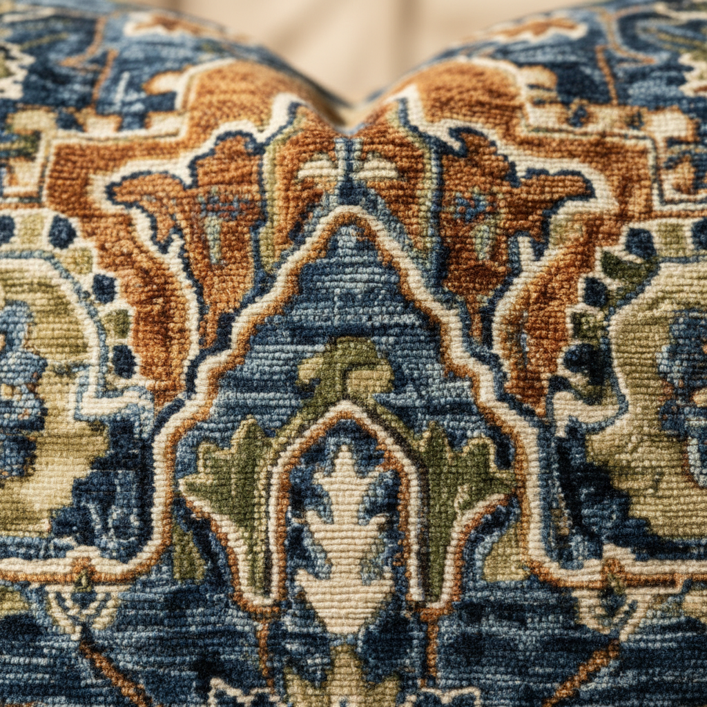 Close-up of Persian chenille pillow fabric texture showing dense plush pile and intricate floral medallion weave