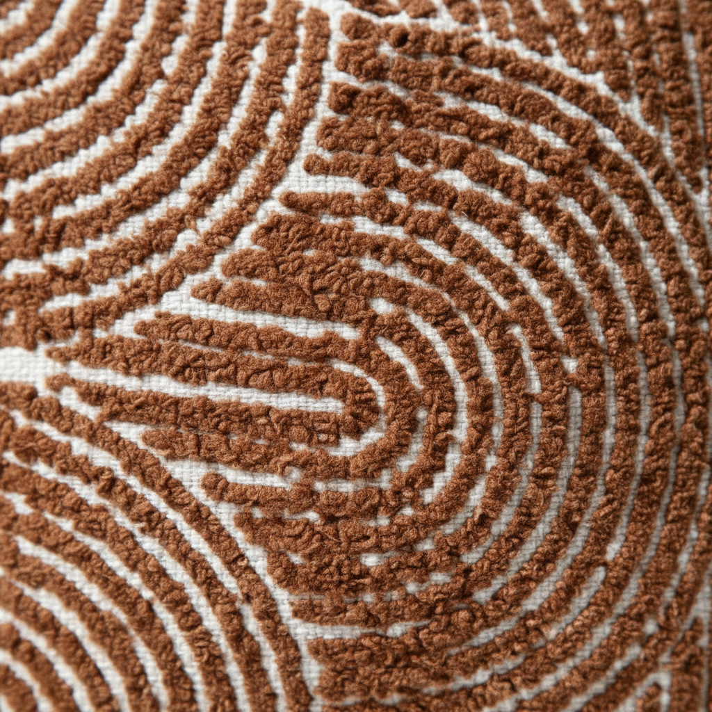 Close-up texture detail of tufted burnt orange chenille pillow cover showing looped swirl pattern on cotton base