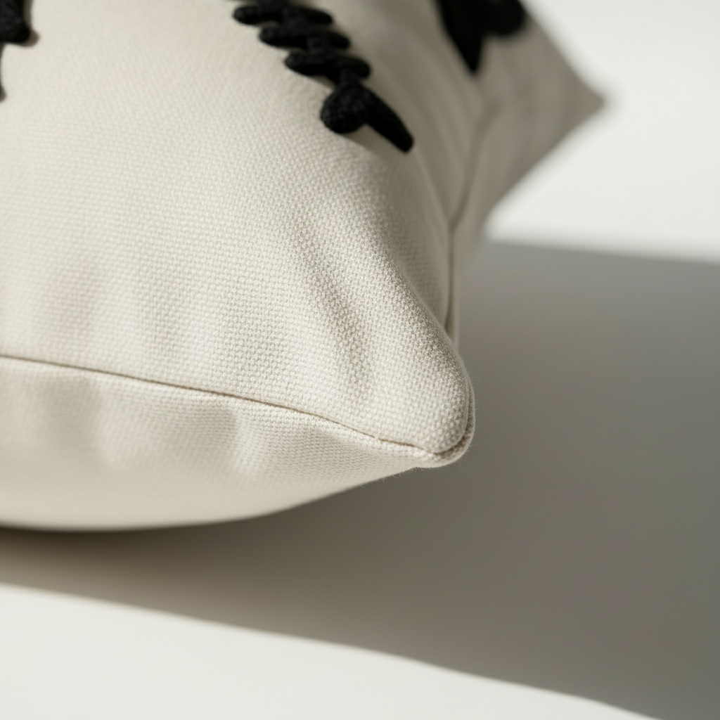 Close-up of cream cotton canvas pillow cover showing dense black embroidery texture and structured edge