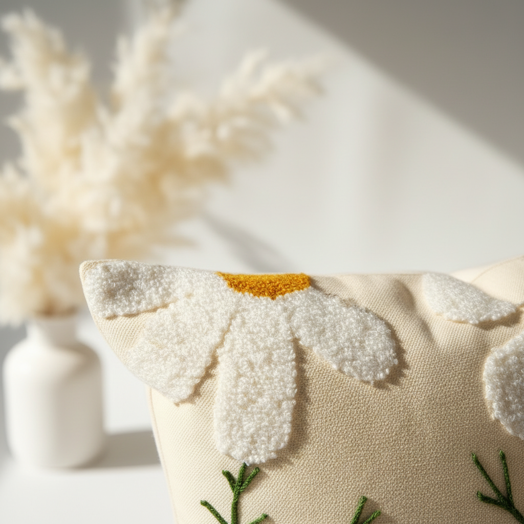 Close-up of punch needle tufted daisy petal texture on cream cotton canvas pillow cover