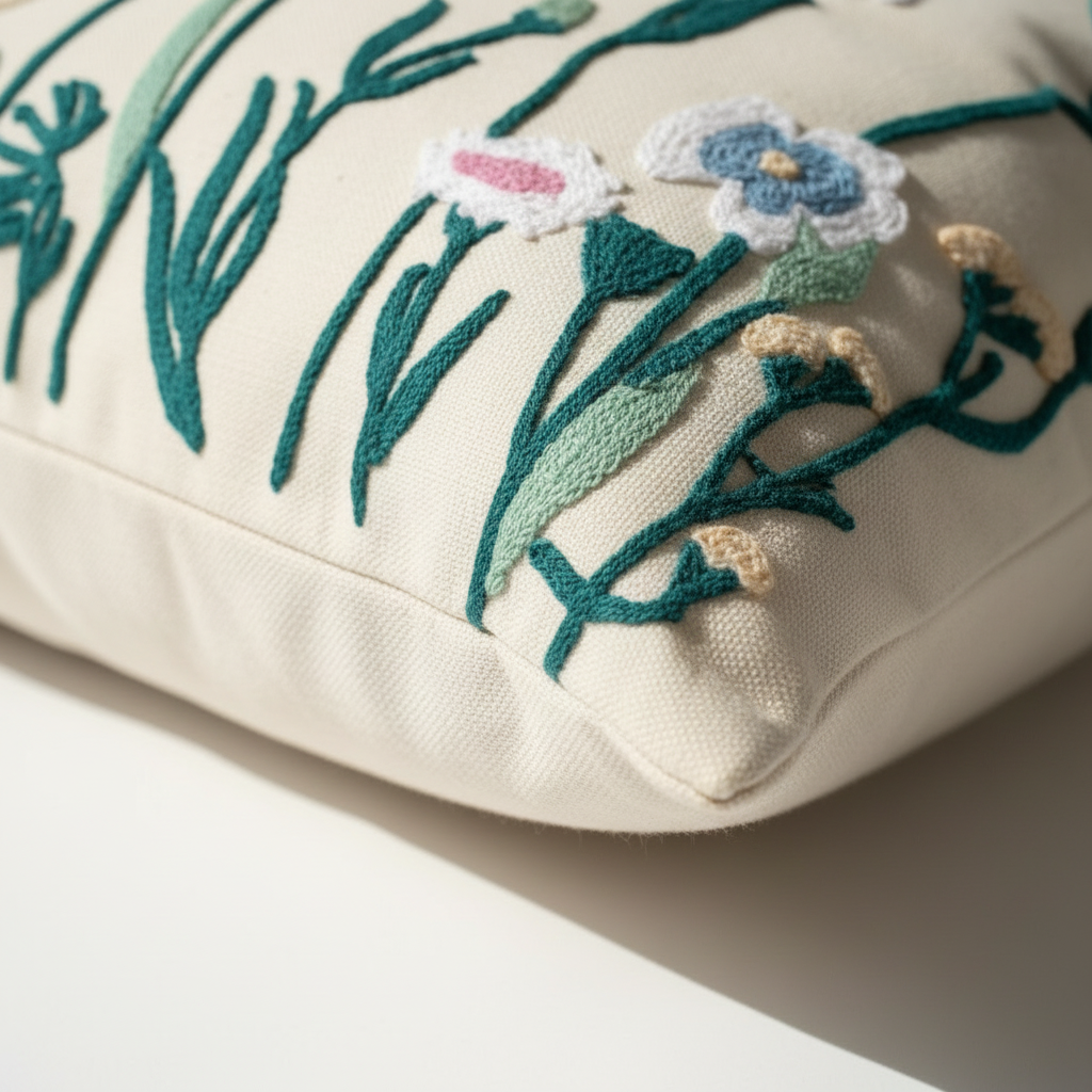 Close-up of raised embroidery detail on cream cotton canvas pillow cover showing teal botanical stems and multicolor flowers