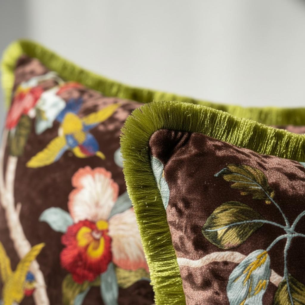 Japanese Floral Velvet Throw Pillow Cover