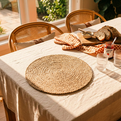 Natural jute woven round placemat on linen tablecloth with rustic farmhouse dining setup