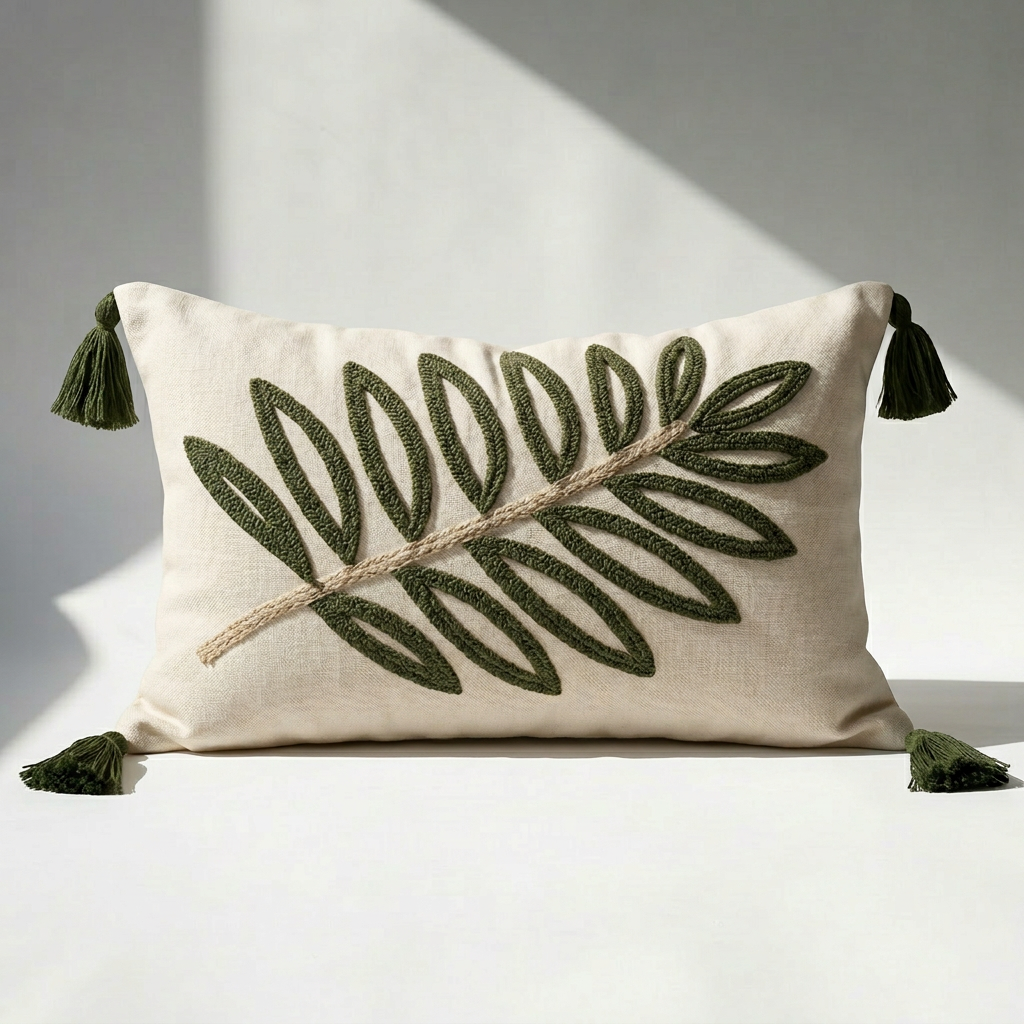 Forest green punch needle leaf lumbar pillow cover with corner tassels on cream cotton canvas
