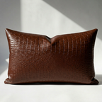 Brown vegan leather lumbar pillow cover with crocodile embossed texture – 20x12
