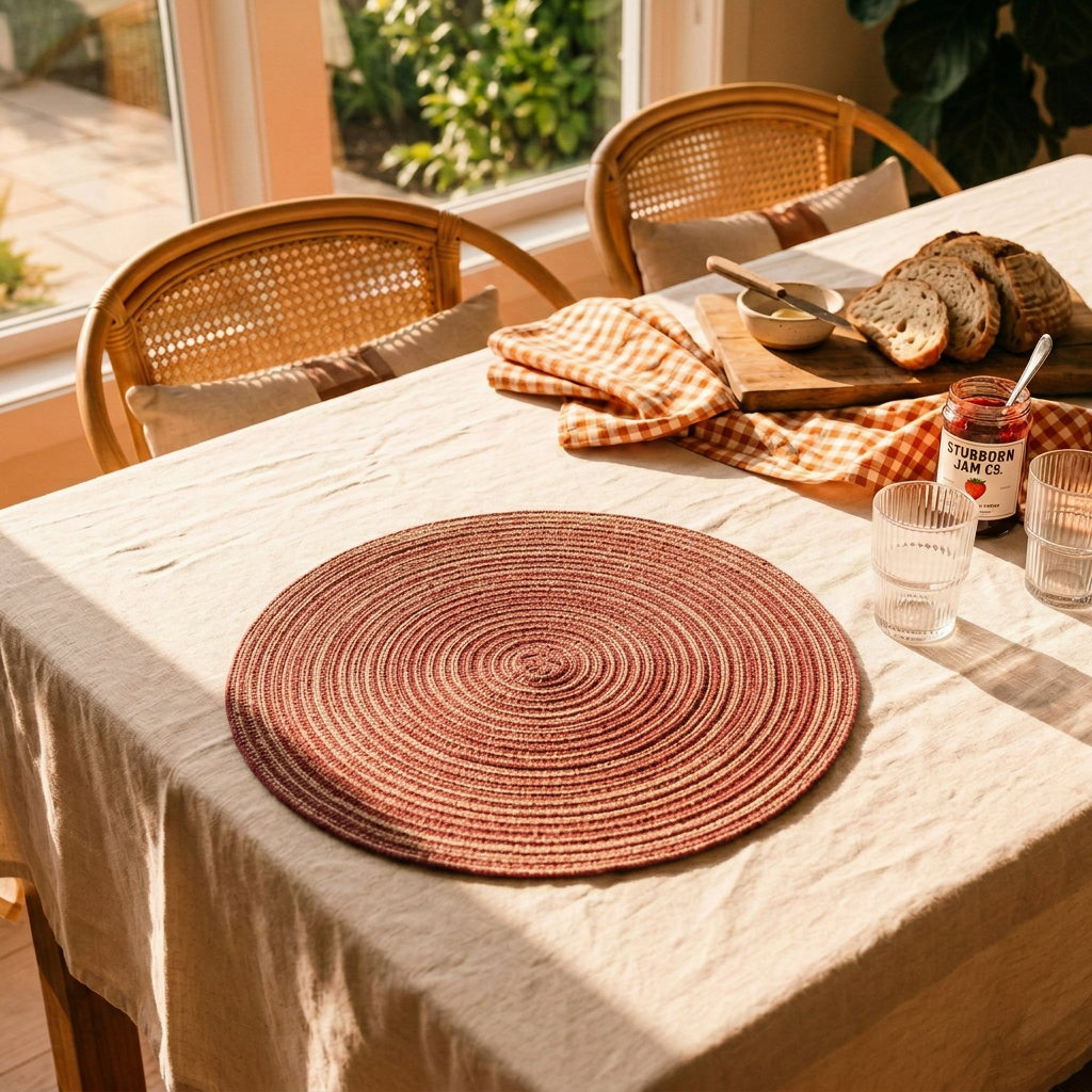 Woven round jute placemat in wine color on a linen-covered dining table with bread and jam – Larissa Home Decor