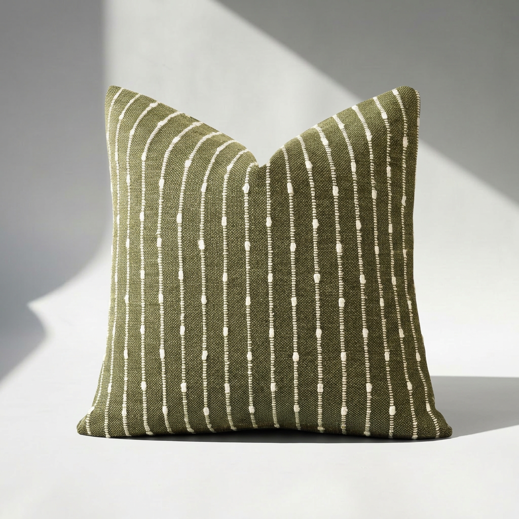 Single jacquard boucle pillow cover with textured vertical stripe design in olive green, front view