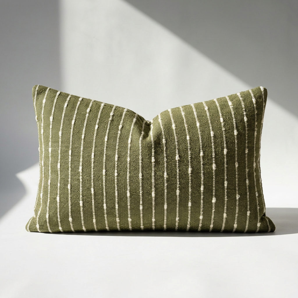 Olive green jacquard boucle lumbar pillow cover with cream woven stripe pattern, 20x12 size