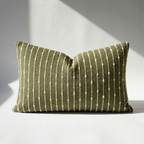 Olive green jacquard boucle lumbar pillow cover with cream woven stripe pattern, 20x12 size