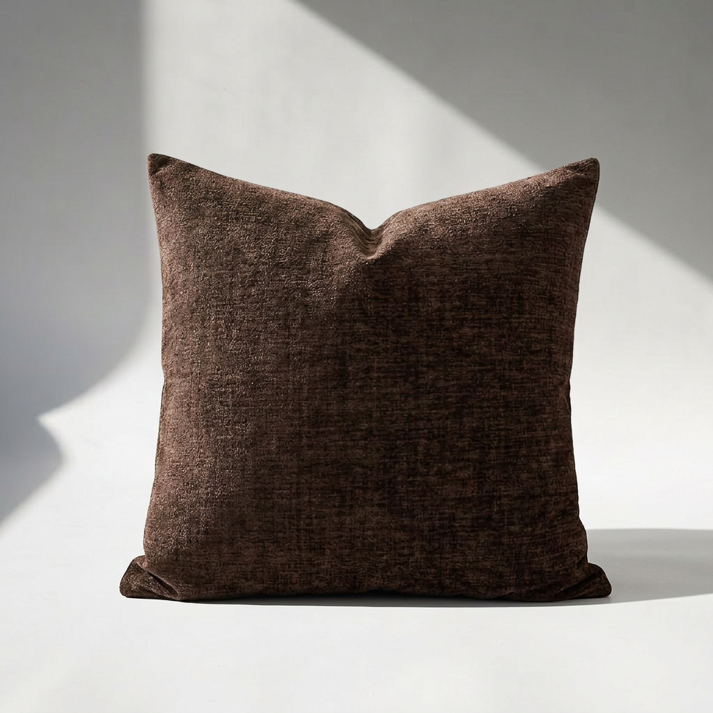 Single brown chenille pillow cover showing rich dark brown color and soft textured surface – Larissa Home Decor