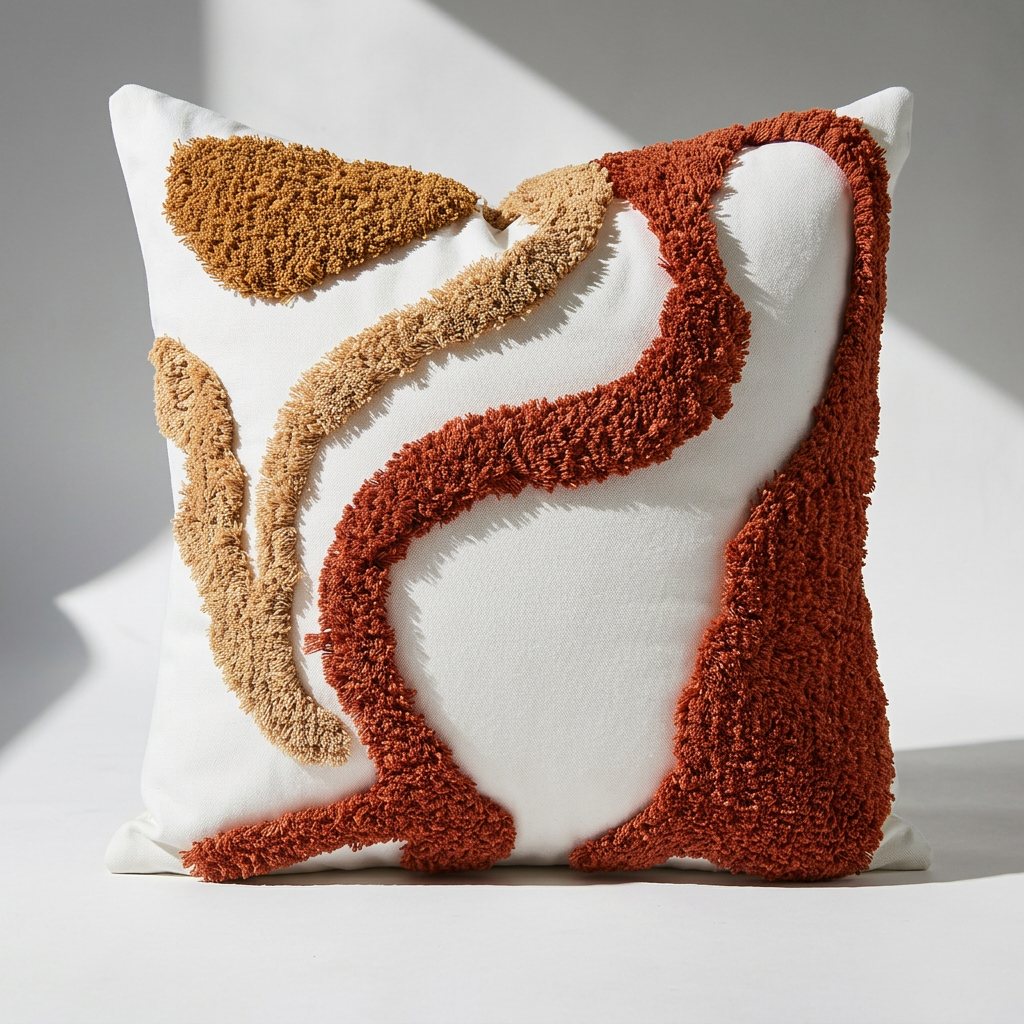 Rust tufted abstract boho pillow cover with earthy cotton canvas base and raised dimensional texture