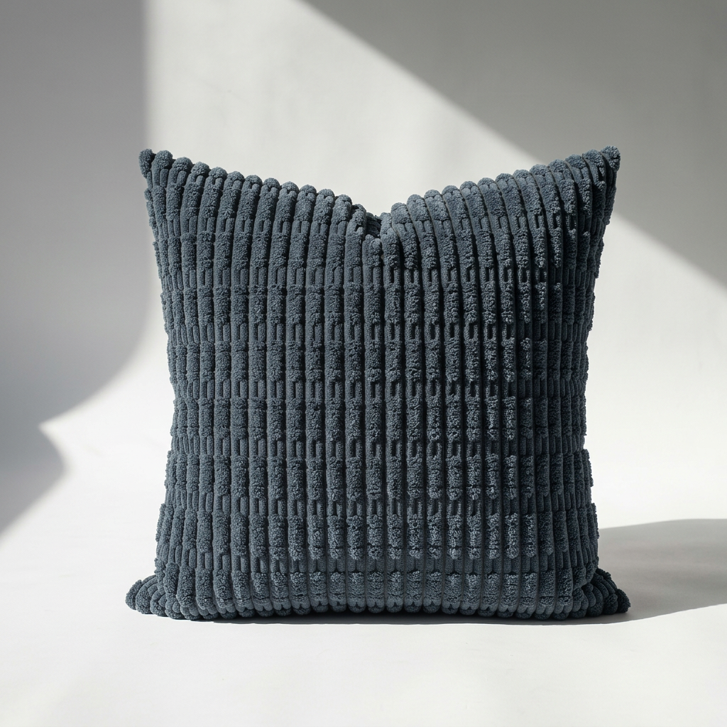 Single navy blue wide wale corduroy pillow cover with bold vertical rib pattern, front view on white background