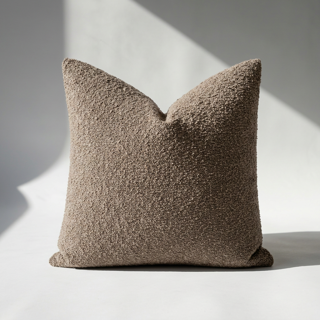 Single brown boucle pillow cover with dense looped texture, square shape, studio shot