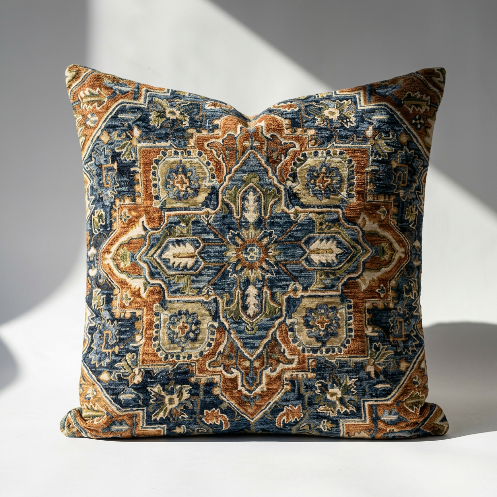 Single Persian chenille pillow cover showing full medallion pattern detail in navy, rust, and olive green